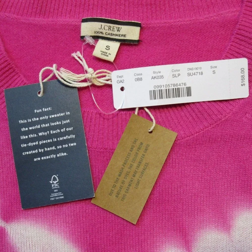 NWT J.Crew Cashmere Crewneck Sweater in Snow Larkspur Pink Tie-dye Pullover S